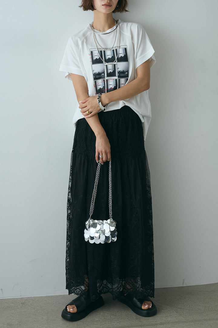 [SET]フォトプリントラグランTシャツ+ミックスレース刺繍スカート(2set)