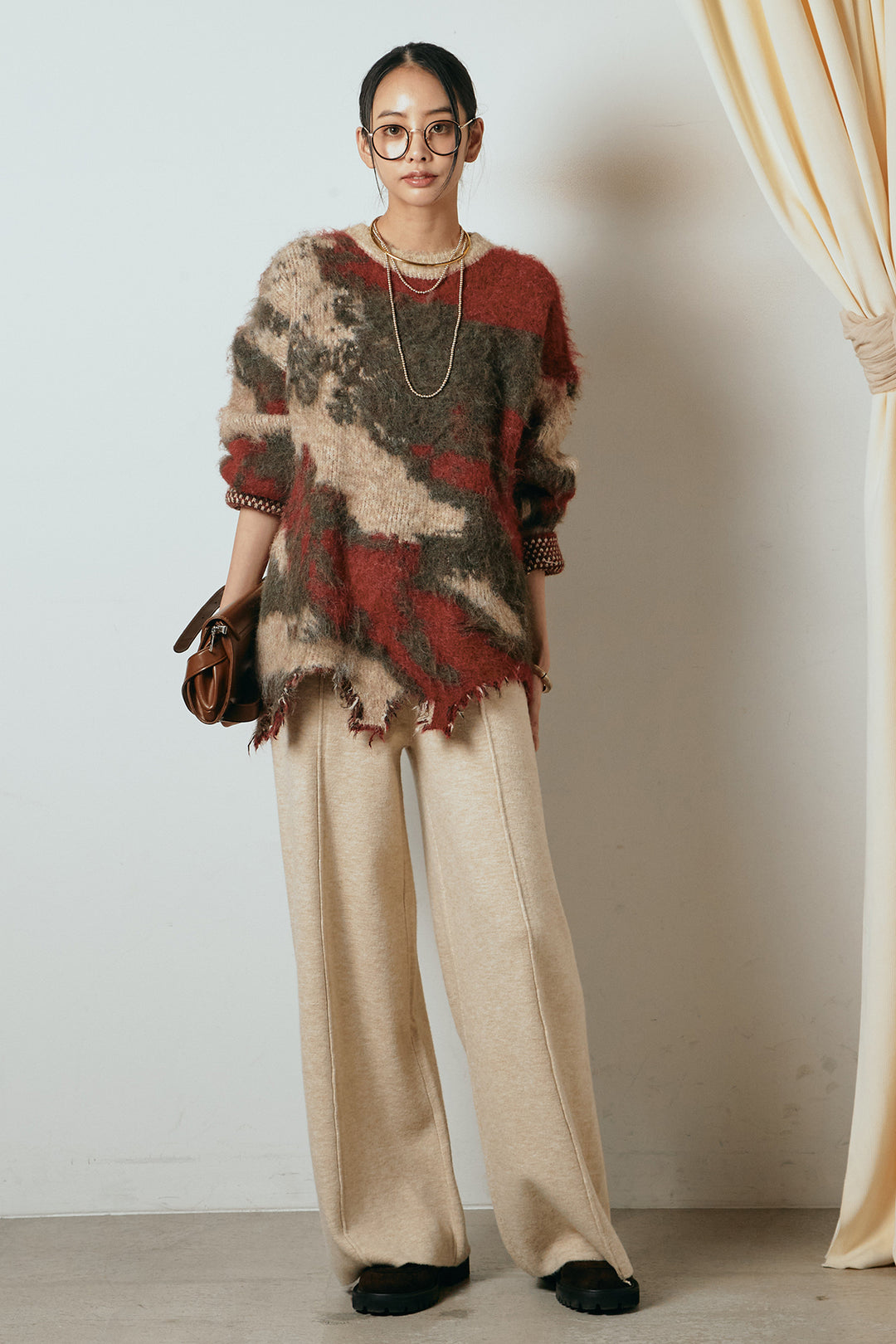 [SET]起毛裾デザインニュアンス柄ニットトップス+センターラインニットパンツ(2set)