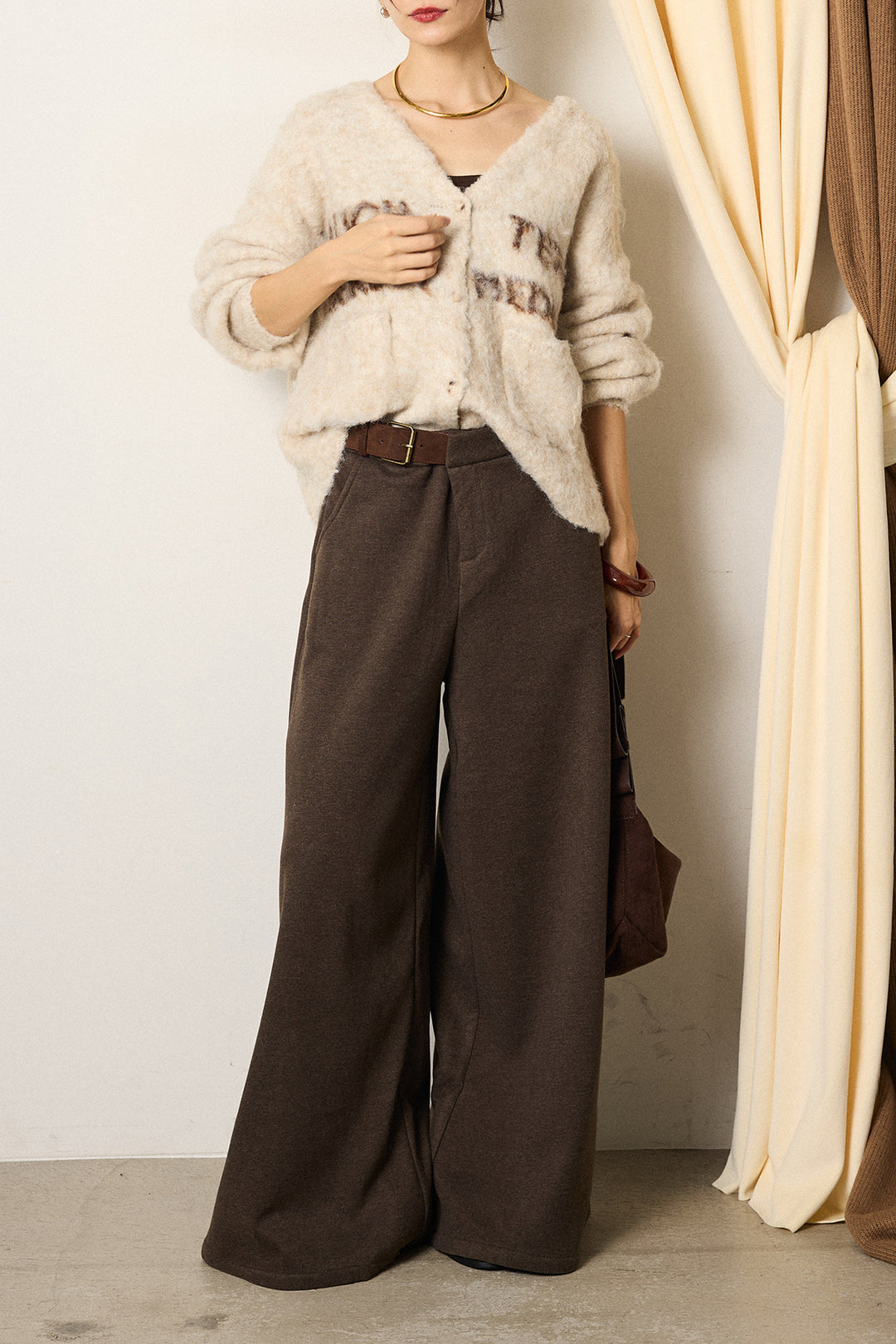 [SET]ウール混透かしロゴニットカーディガン+サイドベルトパンツ(2set)