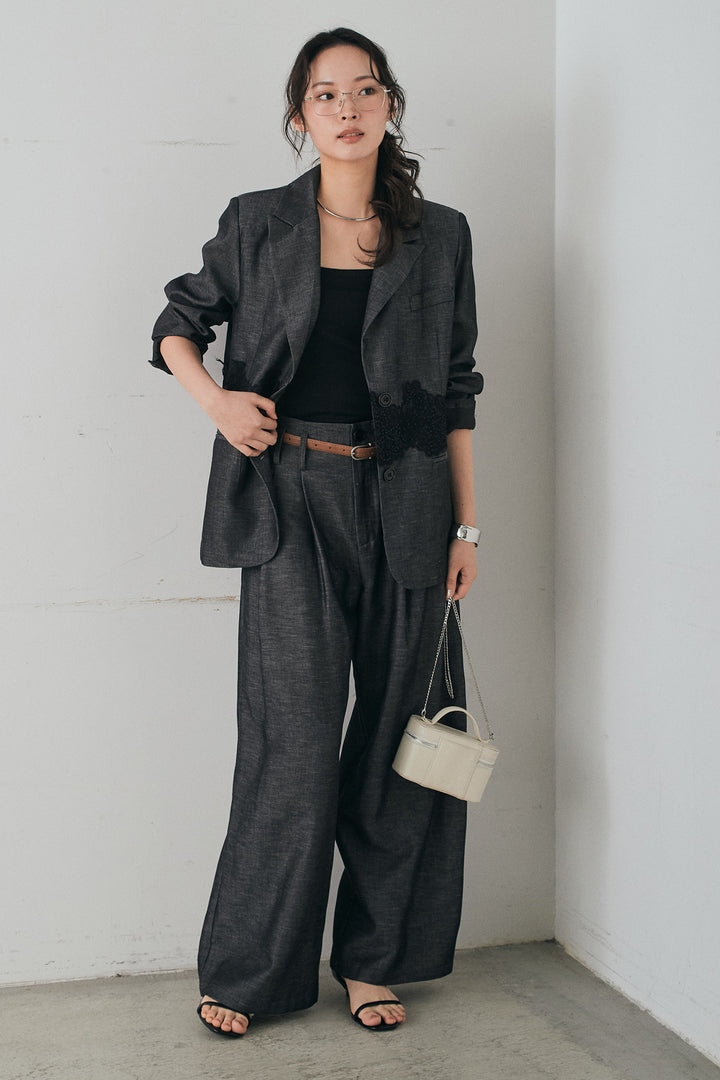 [SET]リネンタッチレースデザインジャケット+リネンタッチ細ベルト付きワイドパンツ(2set)