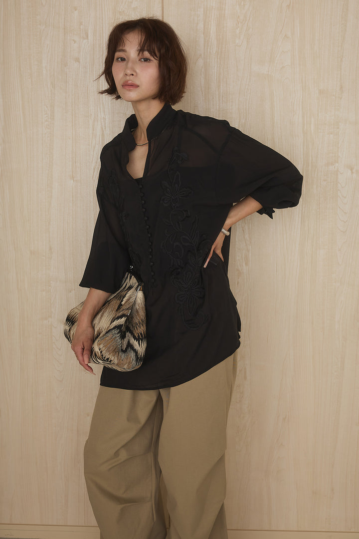 [SET]フロントボタンニュアンス柄ブラウス+ニーサイドタックウエストドロストパンツ(2set)