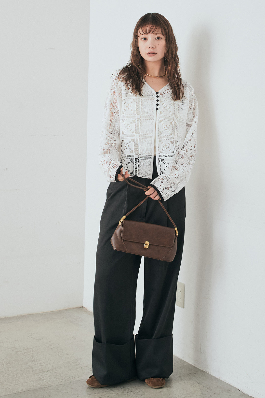 [SET]クロシェレースカーディガン+センタープレスセミワイドパンツ(2set)