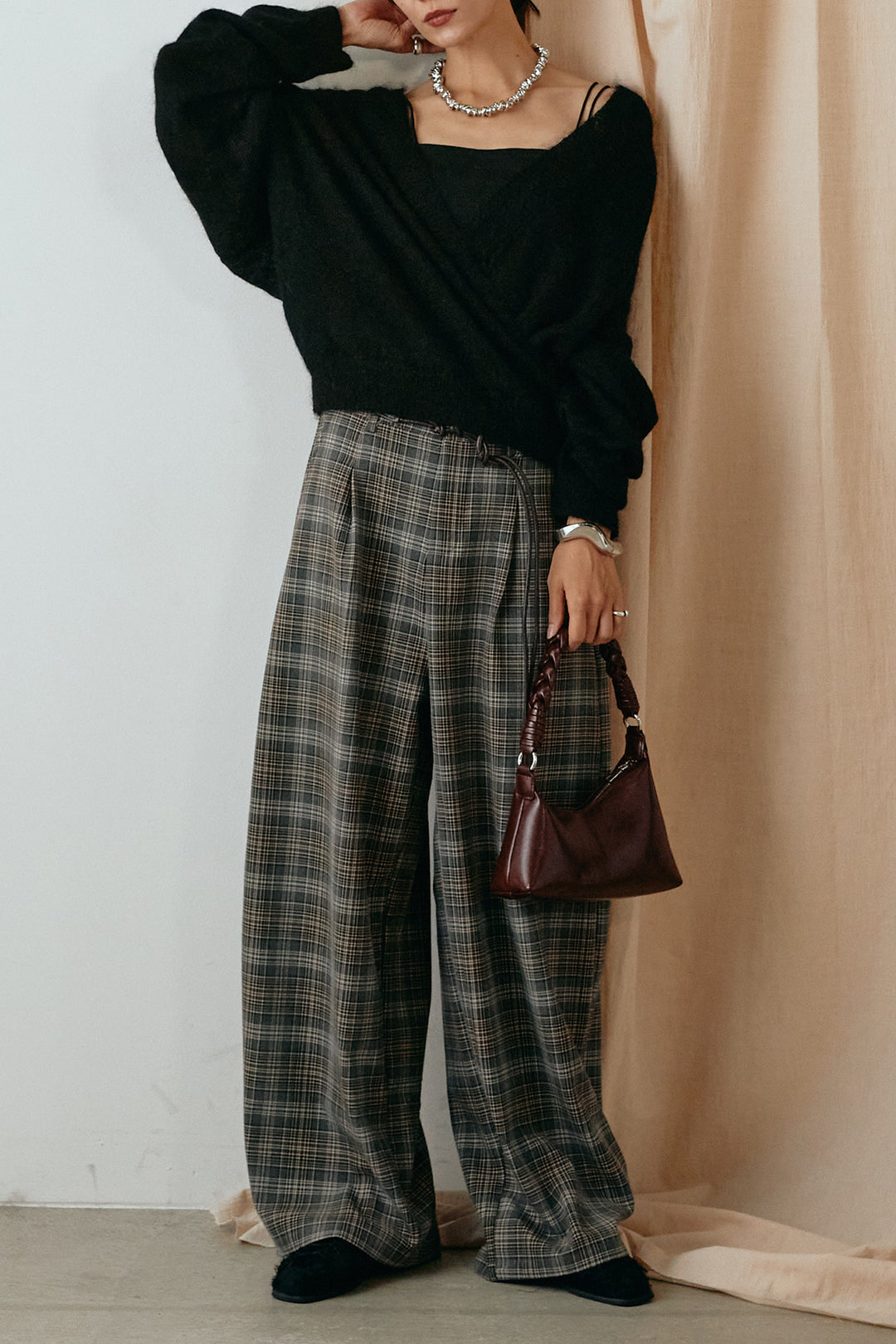 [SET]カシュクールデザインニット+編みベルト付きタータンチェックワイドパンツ(2set)