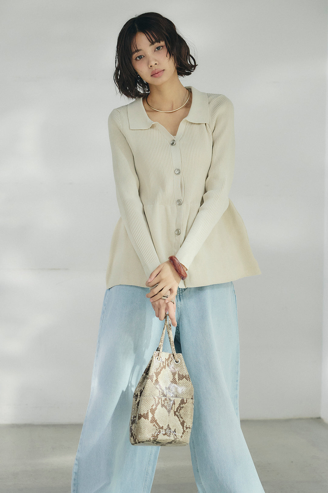 [SET]スキッパーペプラムニット+ウエスト裁ち切りデニムワイドパンツ(2set)