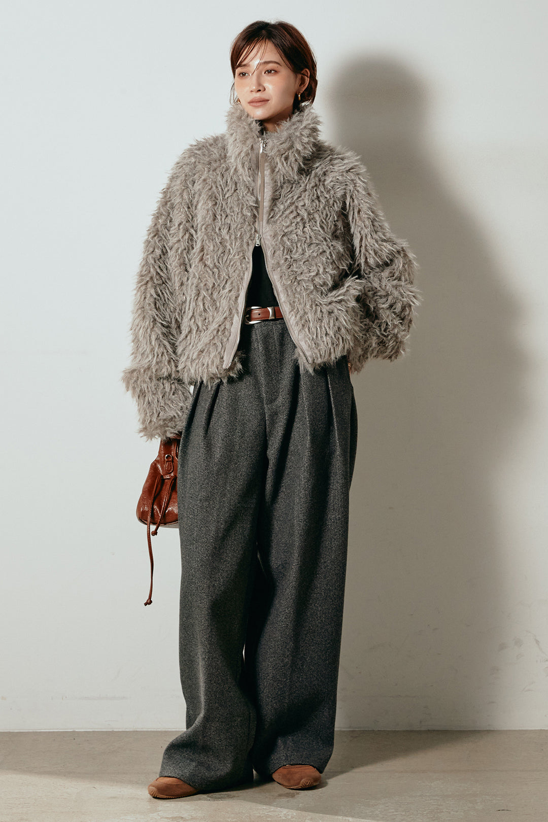 [SET]ミックスシープファースタンドブルゾン+フェイクウールタックトラウザーズパンツ(2set)