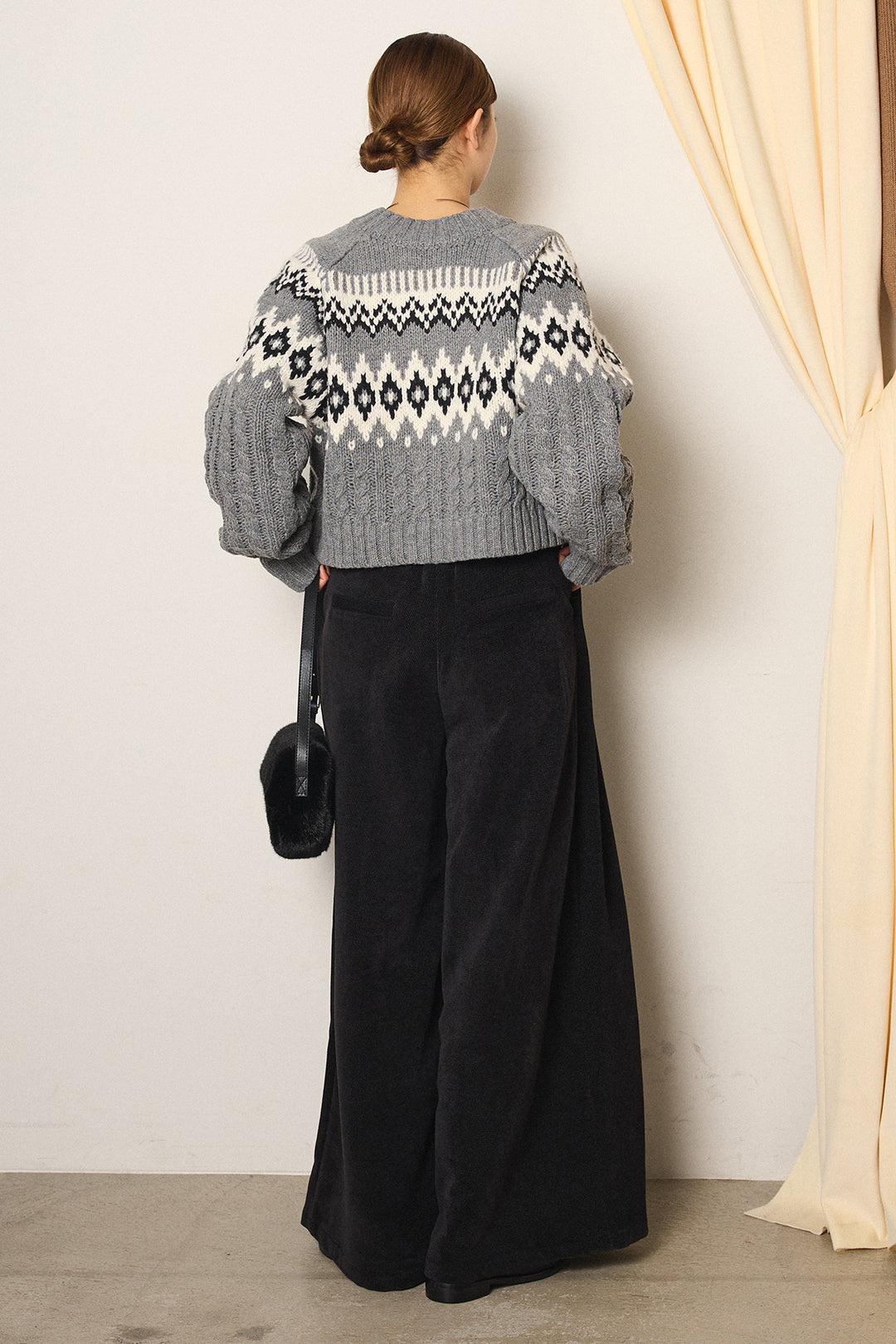 [SET]2WAY求心柄ジャガードショートカーディガン+ベルトループコーデュロイワイドパンツ+2WAY袖コード刺繍クルーネックプルオーバー(3set)