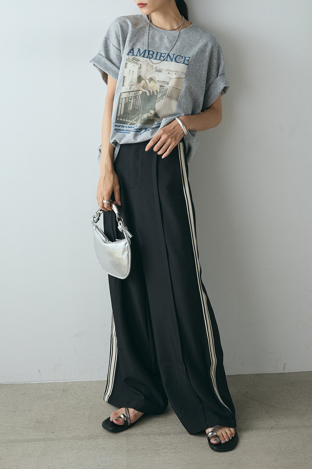 [SET]AMBIENCEフォトプリントTシャツ+サイドラインワイドスラックスパンツ(2set)