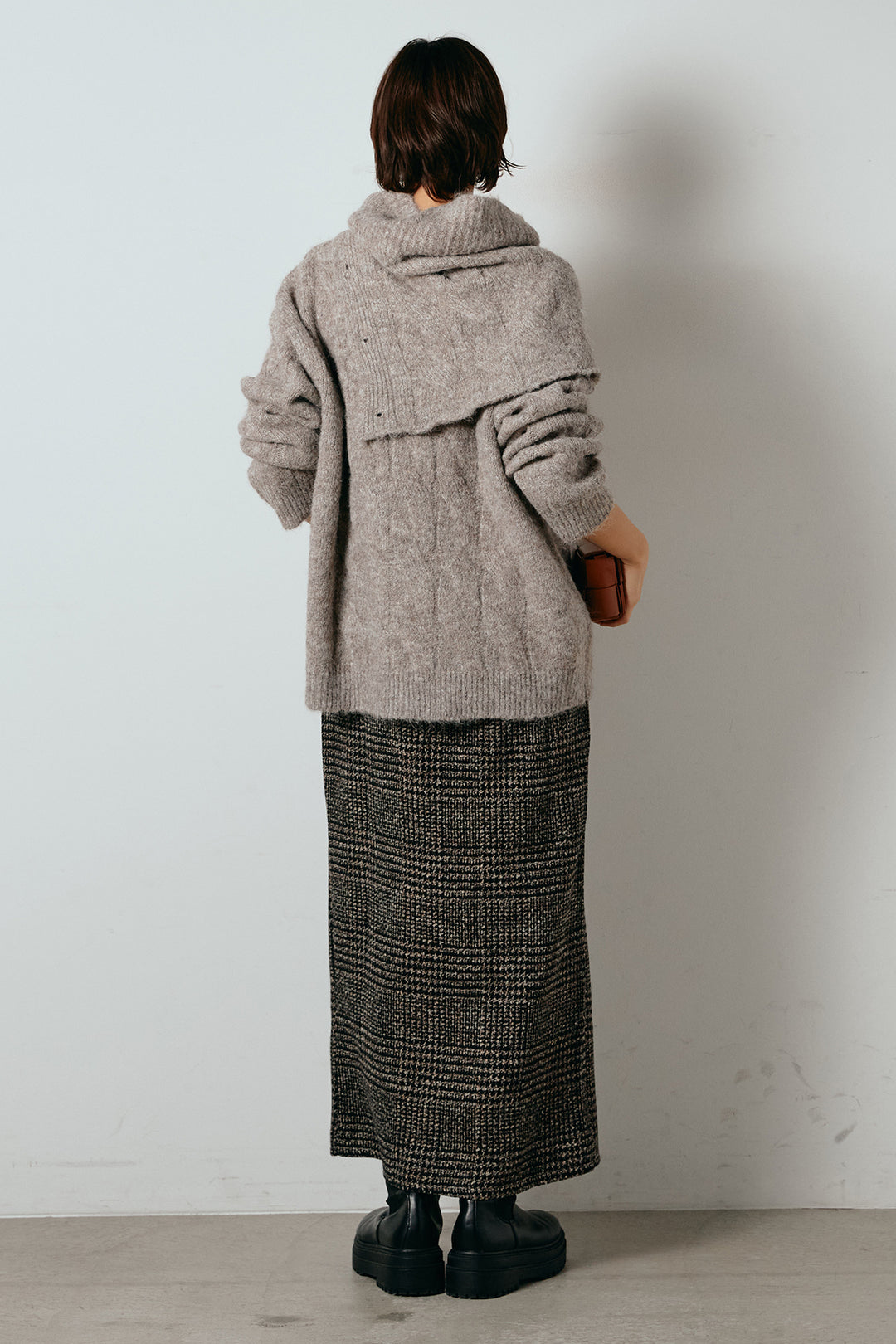 [SET]ケープデザインケーブルニットトップス+グレンチェック柄フロントジップタイトスカート(2set)