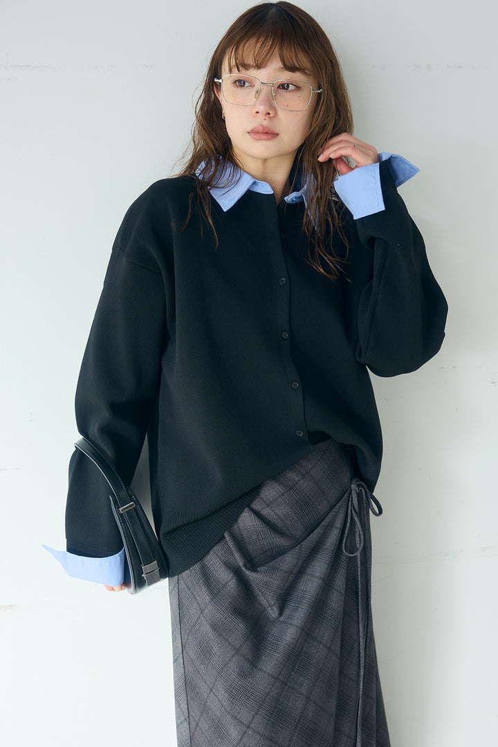 [SET]シャツレイヤード風カーディガン+タータンチェック柄フロントデザインスカート(2set)