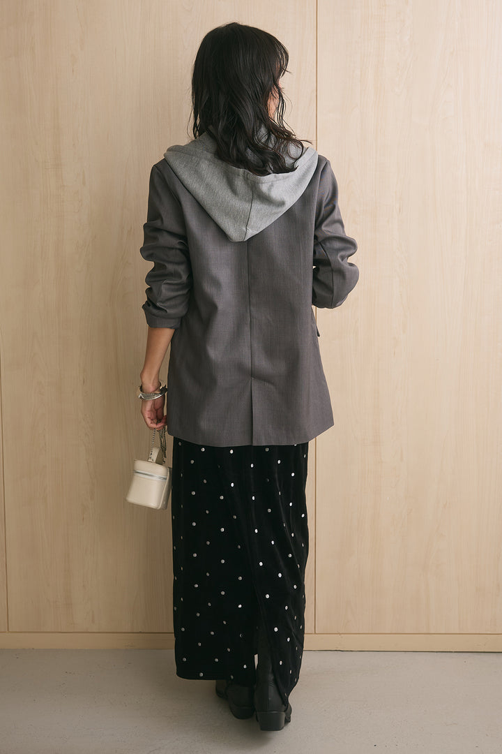 [SET]ツイルパーカーレイヤード2WAYテーラードジャケット+ドットベロアスカート(2set)