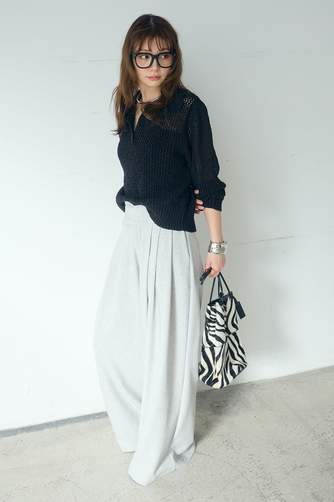 [SET]ミックスメッシュポロニット+麻混タックワイドパンツ(2set)