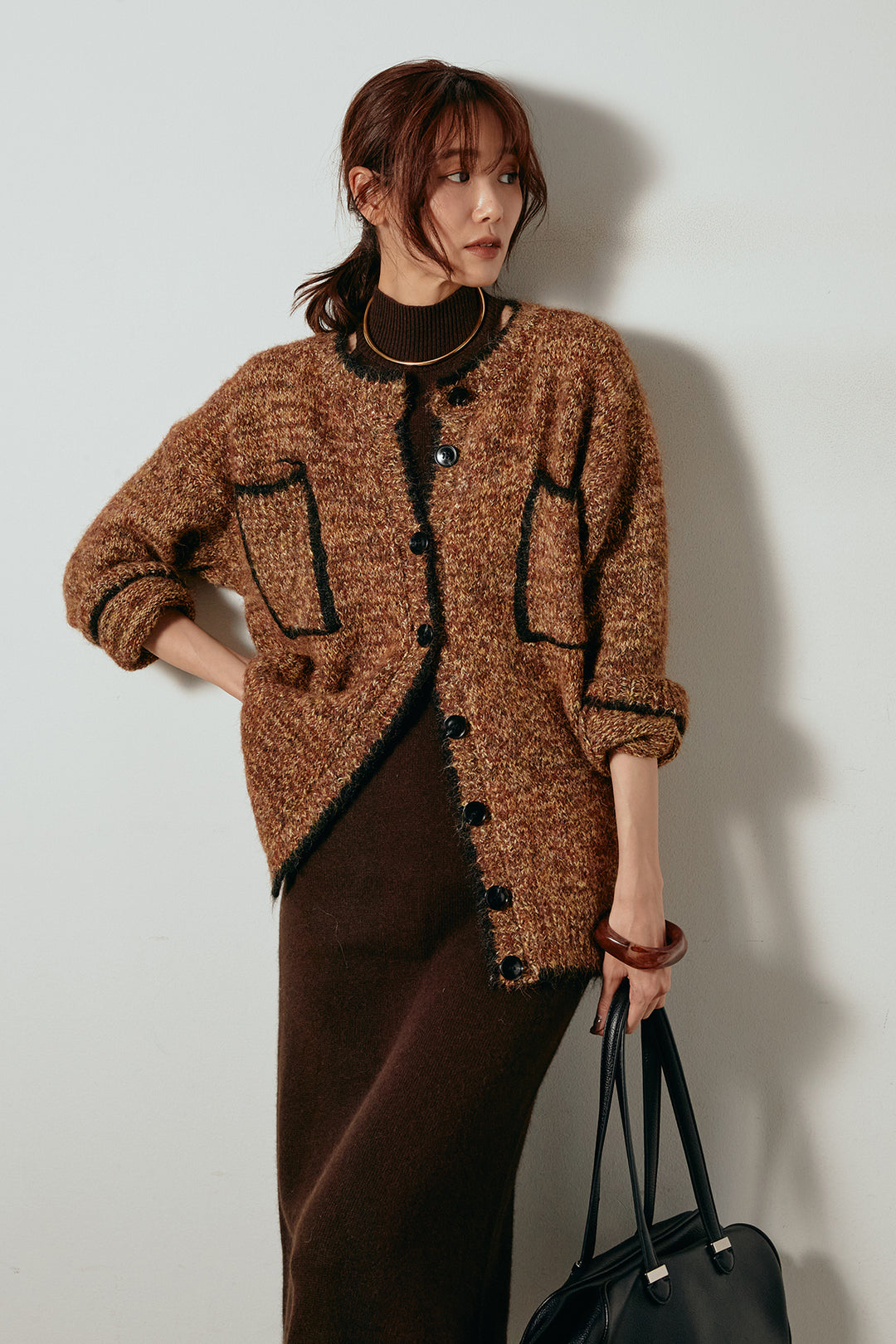 [SET]ミックスニットポケットカーディガン+ノースリーブニットロングワンピース(2set)