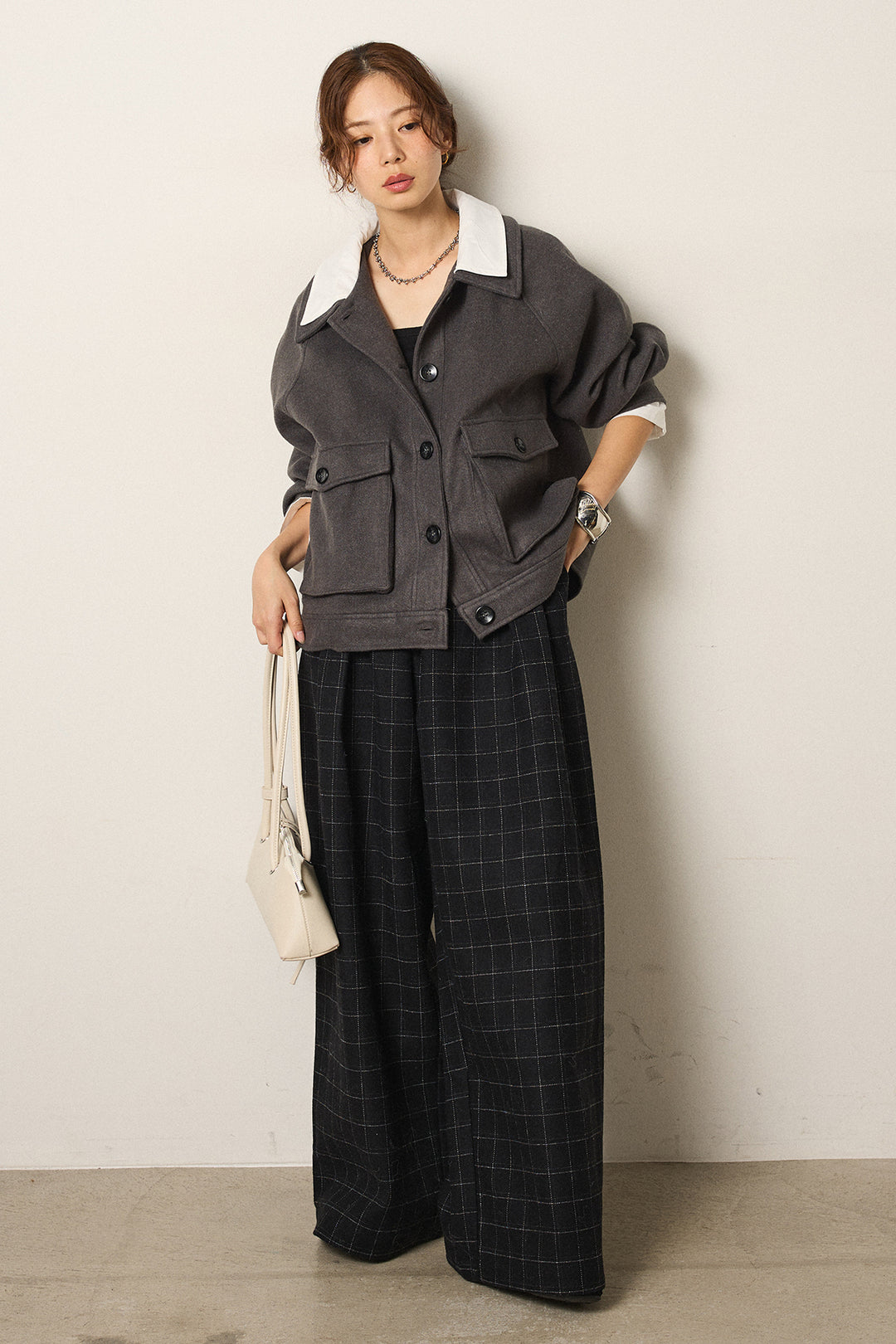[SET]衿レイヤードフェイクウールジャケット+ウールライクチェックタックパンツ(2set)