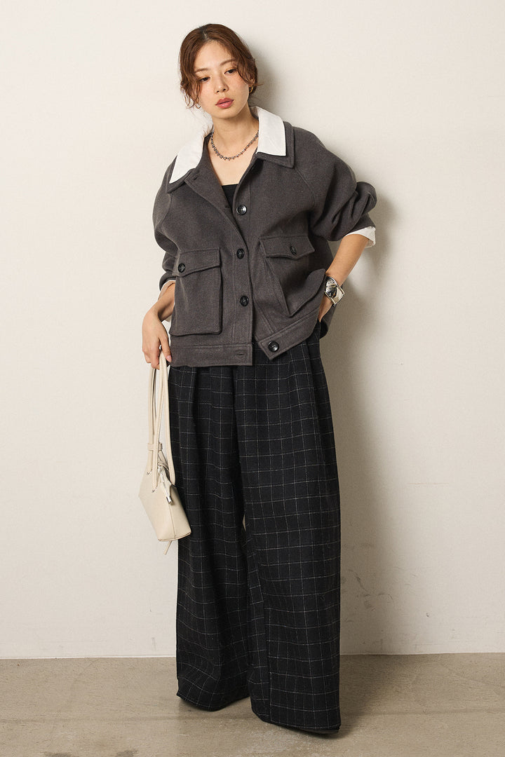 [SET]衿レイヤードフェイクウールジャケット+ウールライクチェックタックパンツ(2set)