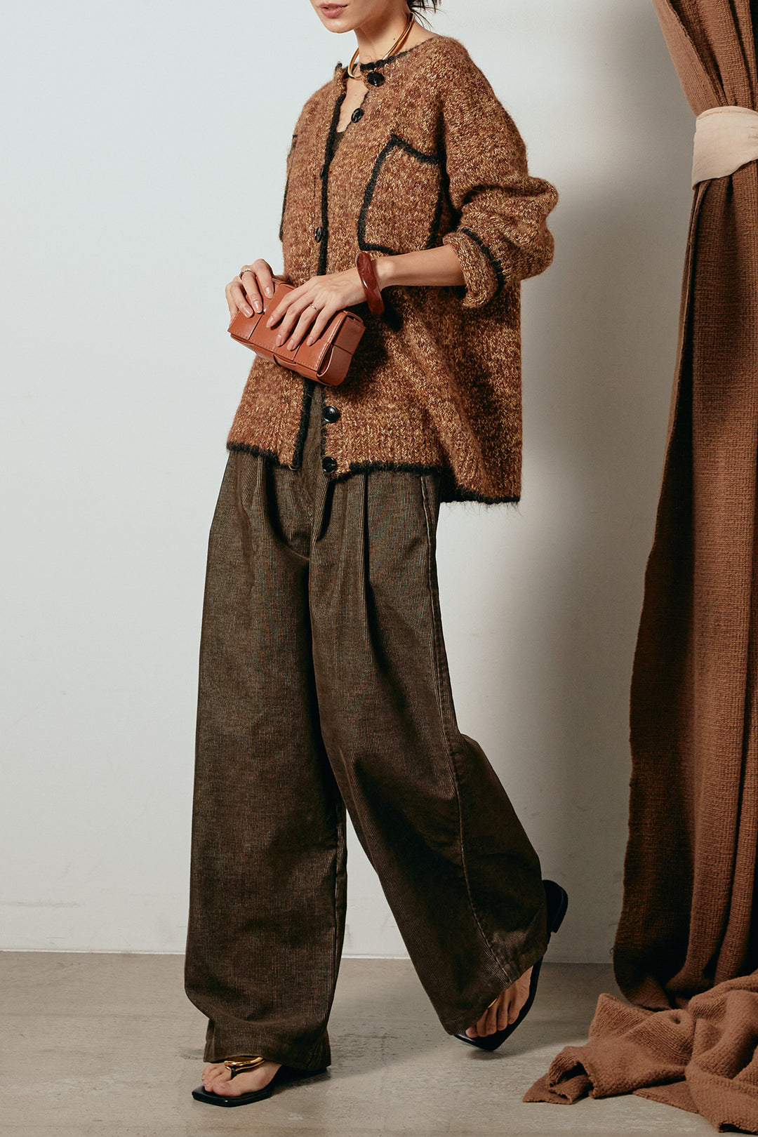 [SET]ミックスニットポケットカーディガン+フロントタック入りコーデュロイパンツ(2set)