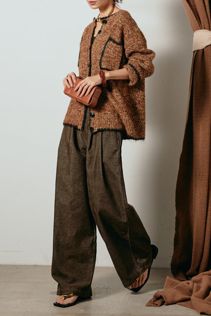 [SET]ミックスニットポケットカーディガン+フロントタック入りコーデュロイパンツ(2set)