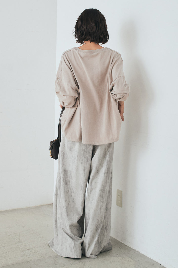 [SET]裾センタードロストロゴプリントワイドTシャツ+紐ベルト付きかすれ柄ワイドスラックス(2set)