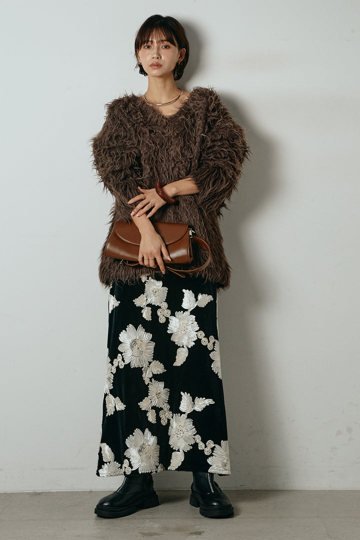 [SET]深Vネックシャギーニットトップス+フラワー刺繍ワイドスカート(2set)