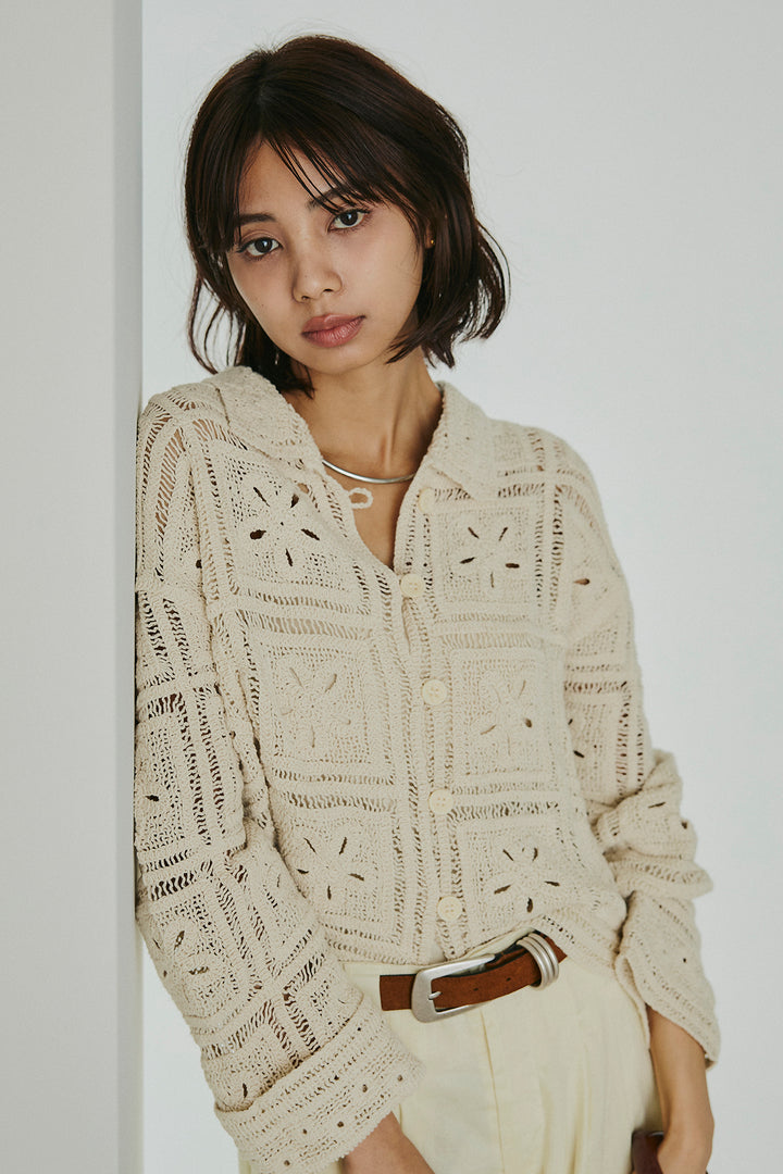 [SET]鍵編みフラワーレースカーディガン+タック入りワイドパンツ(2set)