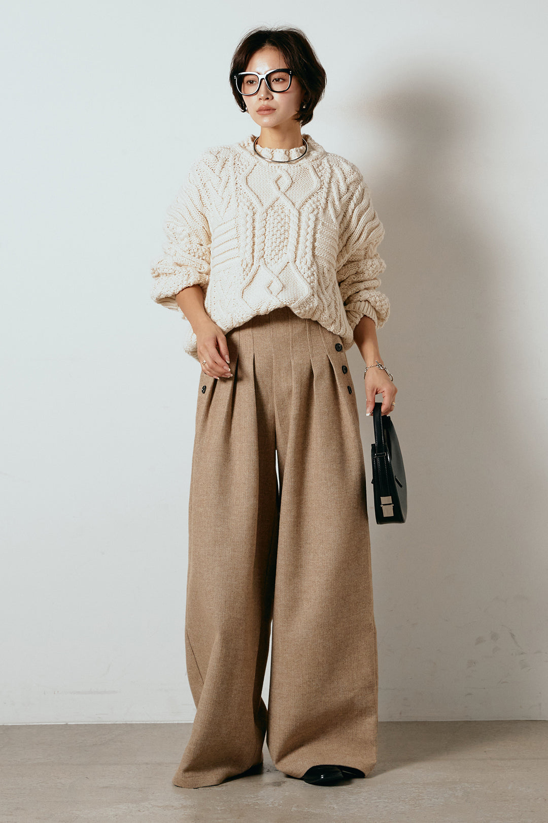 [SET]アラン柄ミックスケーブルニット+サイドボタンツイードタックパンツ(2set)