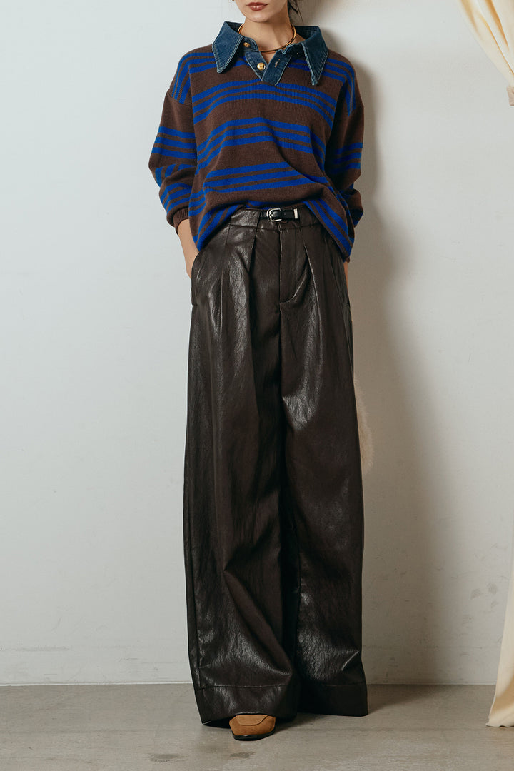 [SET]デニムレイヤード風ランダムボーダーニットプルオーバー+ベルト付きレザーライクタックパンツ(2set)