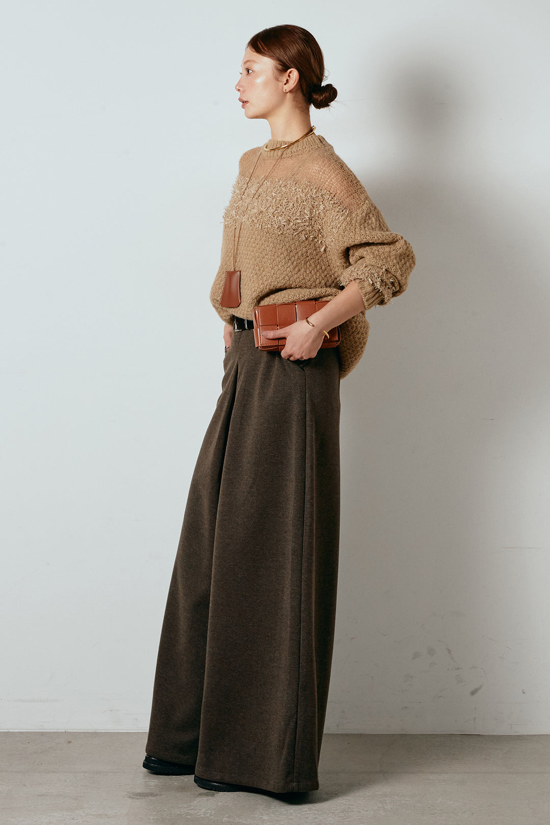 [SET]パターンランダム編みニットトップス+ベルト付きフロントタックデザインパンツ(2set)