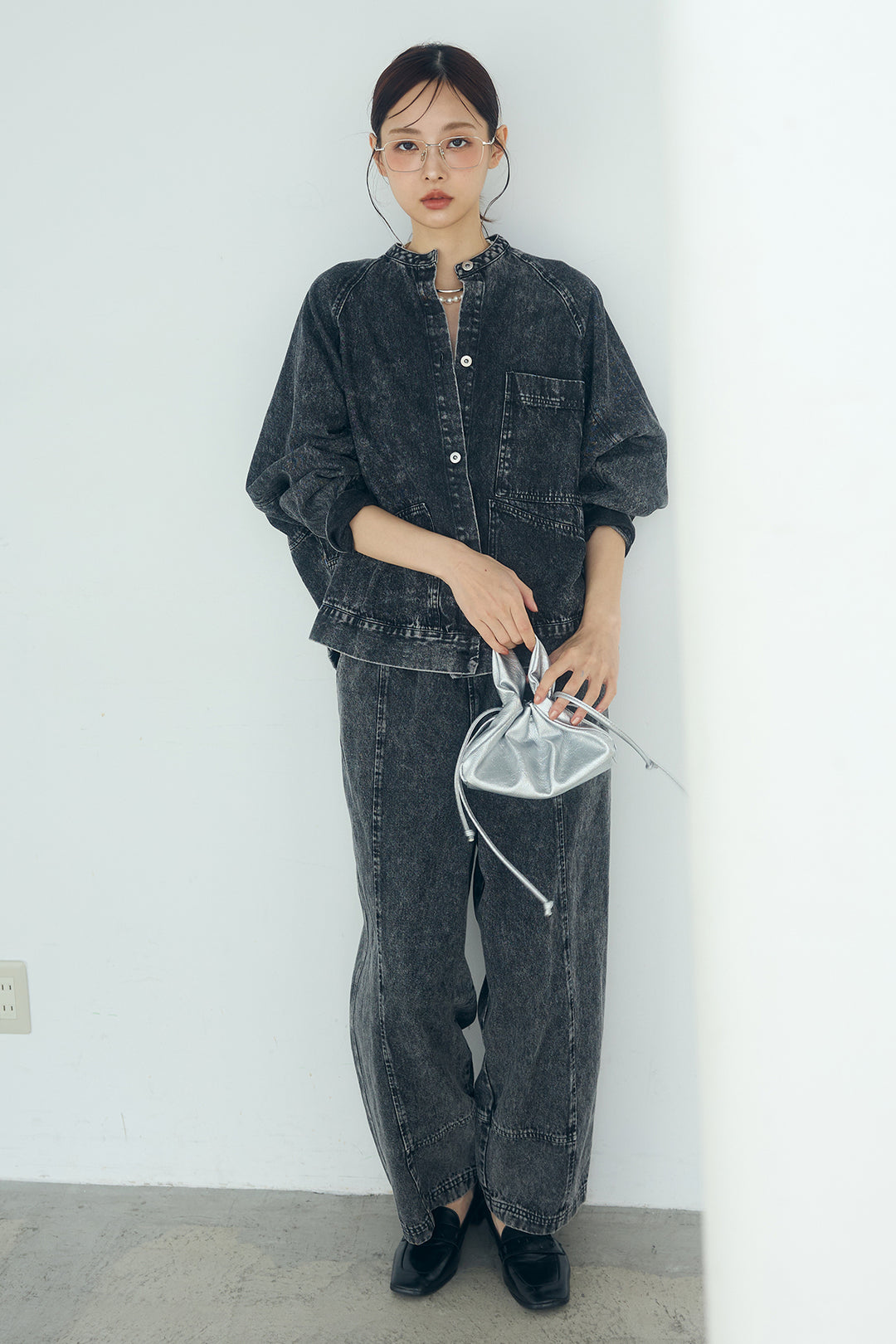 [SET]カラーデニムケミカル加工ノーカラーブルゾン+カラーデニムケミカル加工コクーンパンツ(2set)