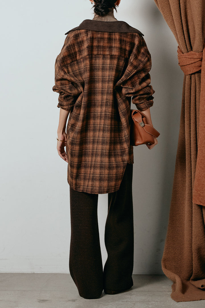 [SET]シャギーチェックシャツジャケット+ワイドリブニットイージーパンツ+リブニットシームレスタートルプルオーバー(3set)