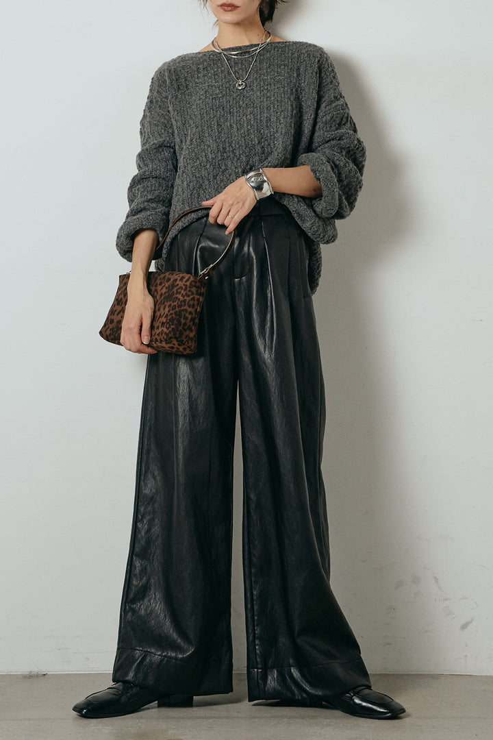 [SET]ボリューム編みニットプルオーバー+ベルト付きレザーライクタックパンツ(2set)