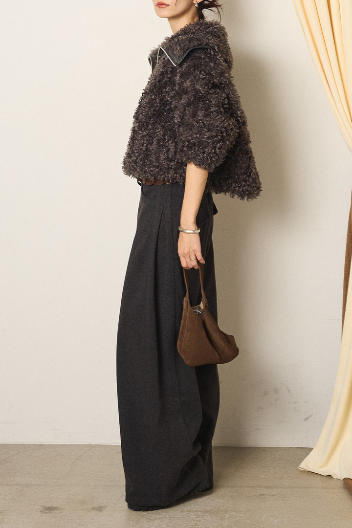 [SET]ビッグカラープードルボアアウター+編みベルト付きワイドパンツ(2set)