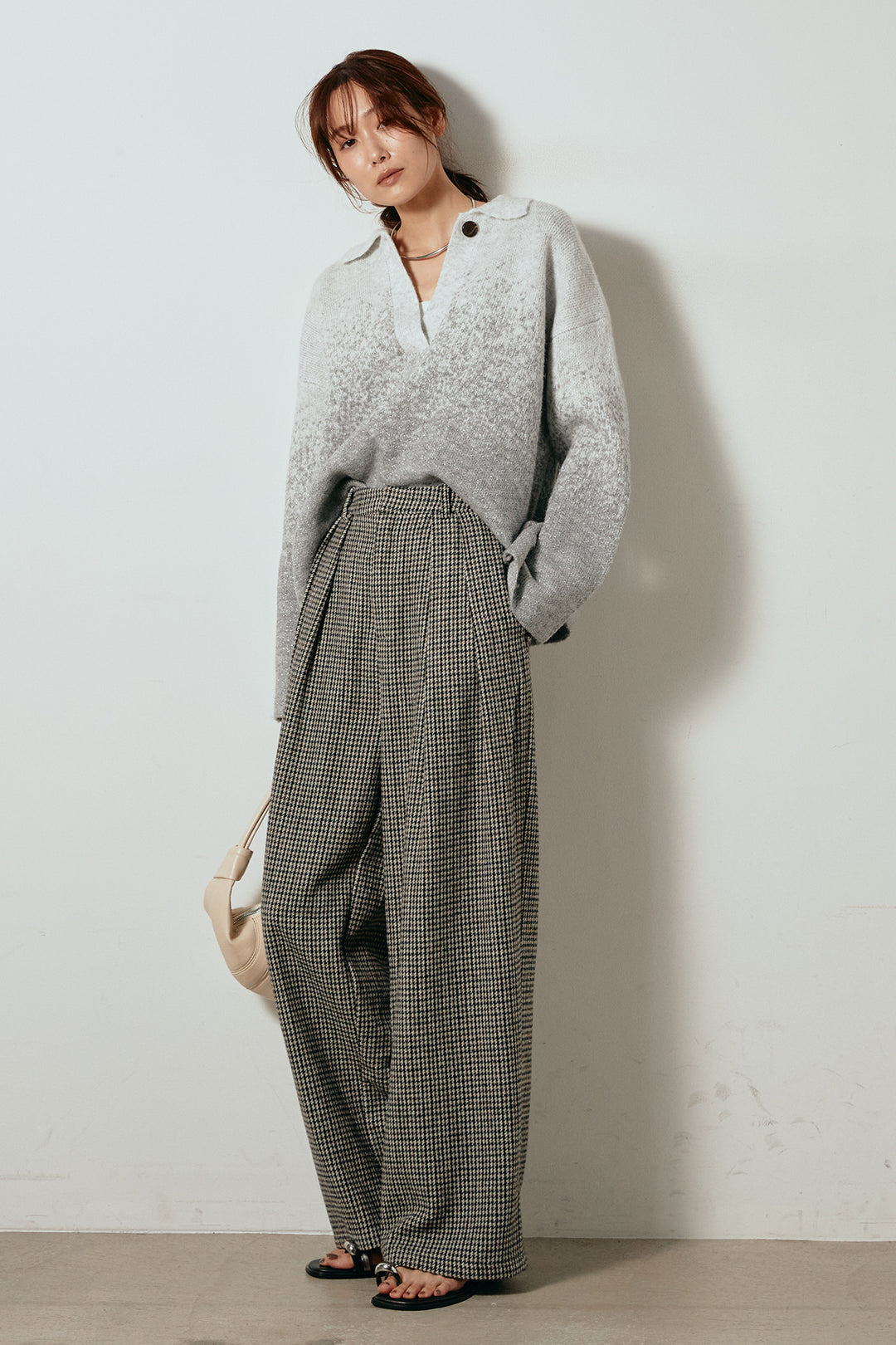 [SET]グラデーションラメニットキーネックプルオーバー+ガンクラブチェックタックパンツ(2set)