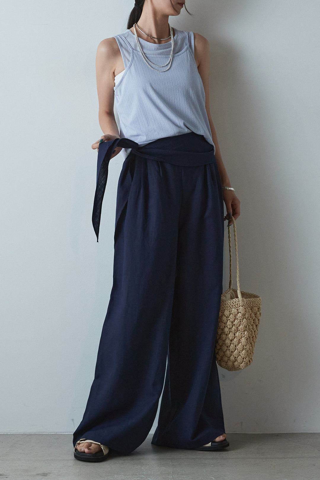 [SET]接触冷感シアーランダムリブデザインキャミタンク+リネン混巻きワイドパンツ(2set)
