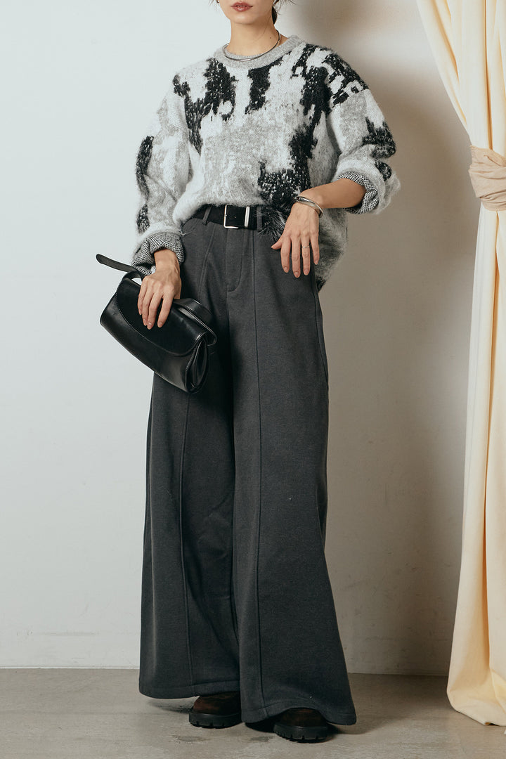 [SET]起毛ニュアンス柄ニットプルオーバー+ファーベルト付きワイドパンツ(2set)