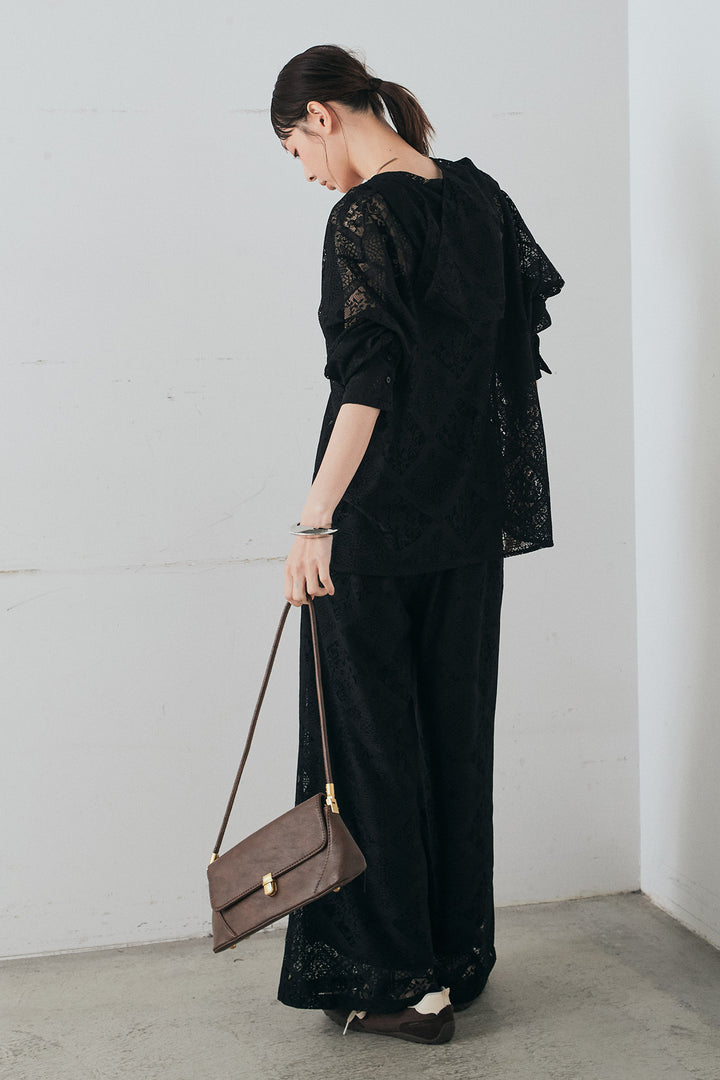 [SET]ブロックレースフード付きブラウス+リラックスブロックレースワイドパンツ(2set)