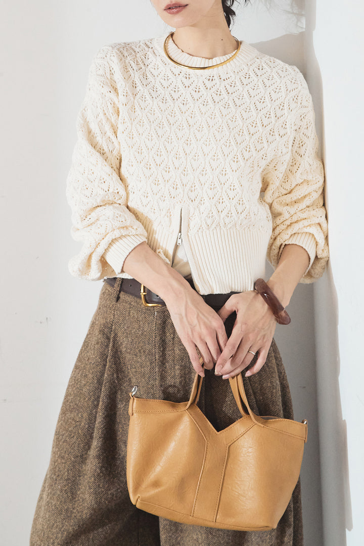 [SET]透かし編みニットジップスリットプルオーバー+タックツイードワイドパンツ(2set)