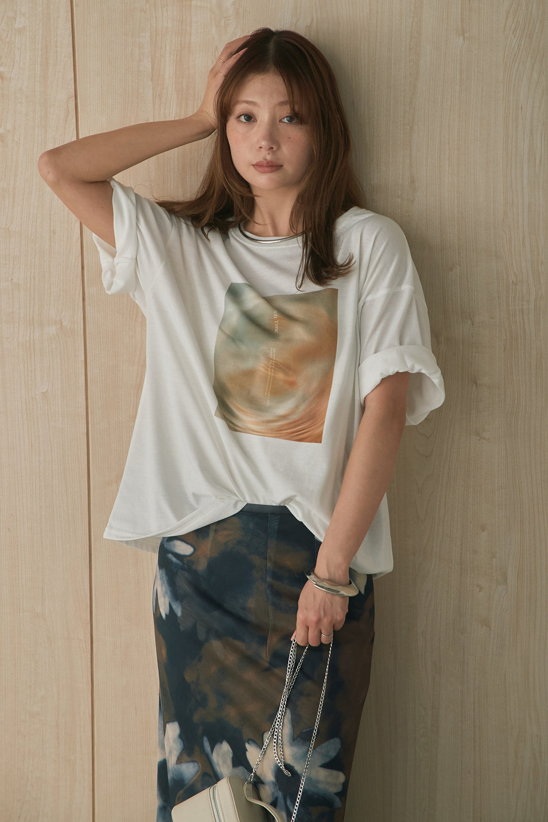 [SET]MarbleプリントTシャツ+ニュアンス花柄スカート(2set)