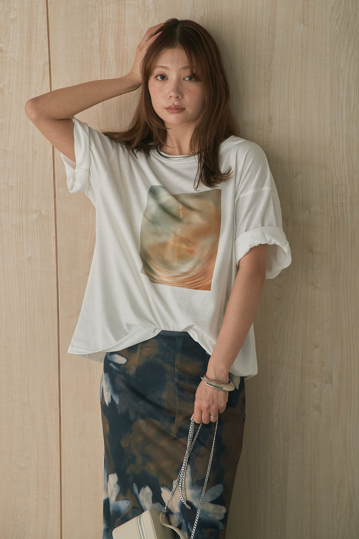 [SET]MarbleプリントTシャツ+ニュアンス花柄スカート(2set)