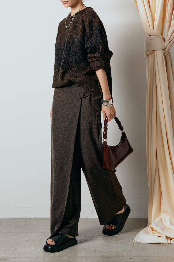 [SET]モノトーン柄ニットトップス+ラップ巻きワイドスラックス(2set)