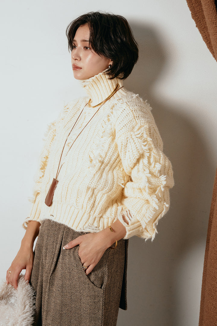 [SET]フリンジタートルショートニット+クラシックヘリンボーンサロペット(2set)