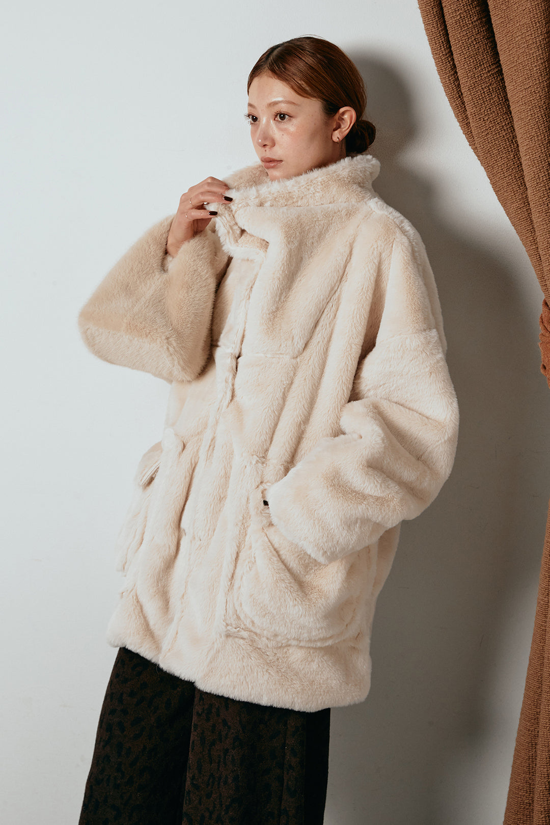 [SET]スタンドネックファーコート+レオパードジャガードニットパンツ(2set)