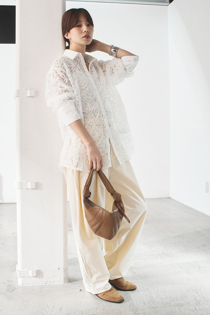 [SET]刺繍レースオーバーサイズシャツ+合繊ツイルパイピングタックカーブパンツ(2set)