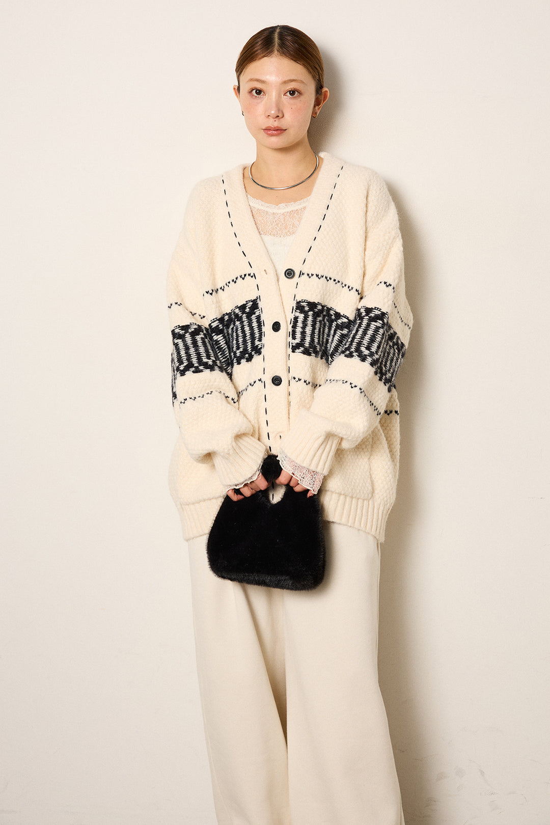 [SET]ライン柄ステッチニットカーディガン+裏起毛スウェットワイドパンツ(2set)