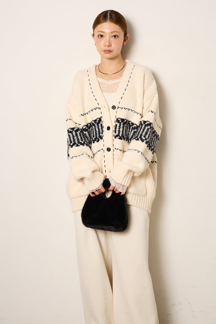 [SET]ライン柄ステッチニットカーディガン+裏起毛スウェットワイドパンツ(2set)
