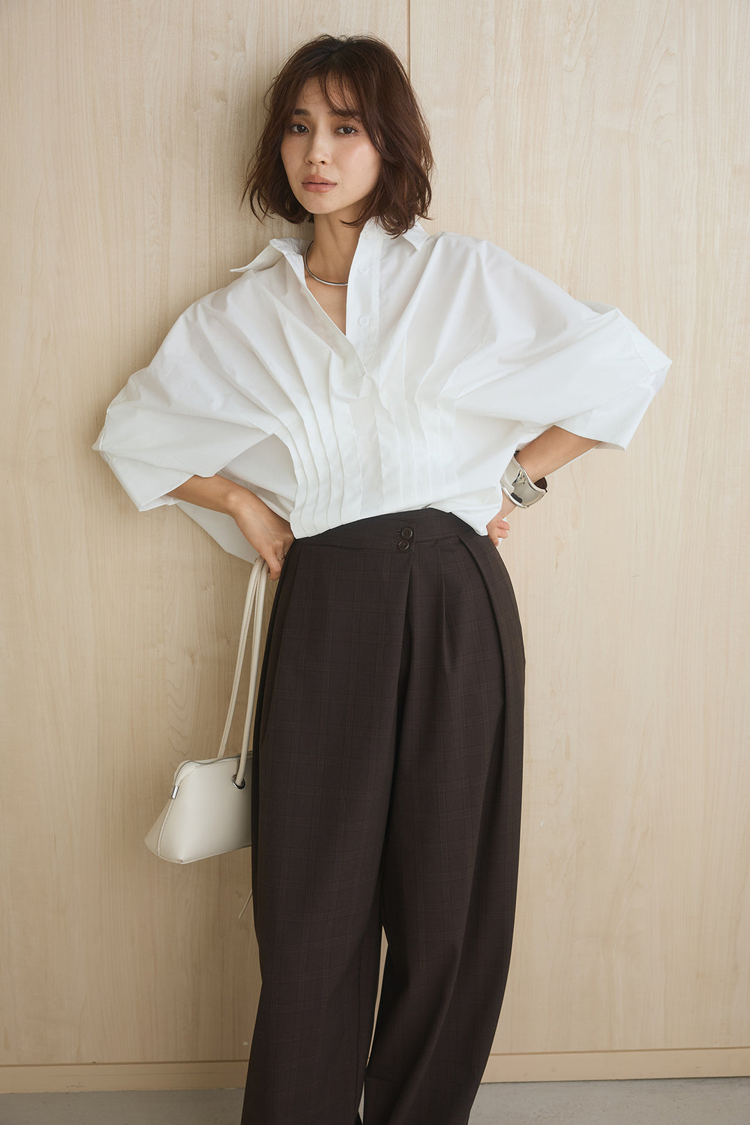 [SET]襟付きタックデザインシャツ+ウエストアシメタータンチェックパンツ(2set)
