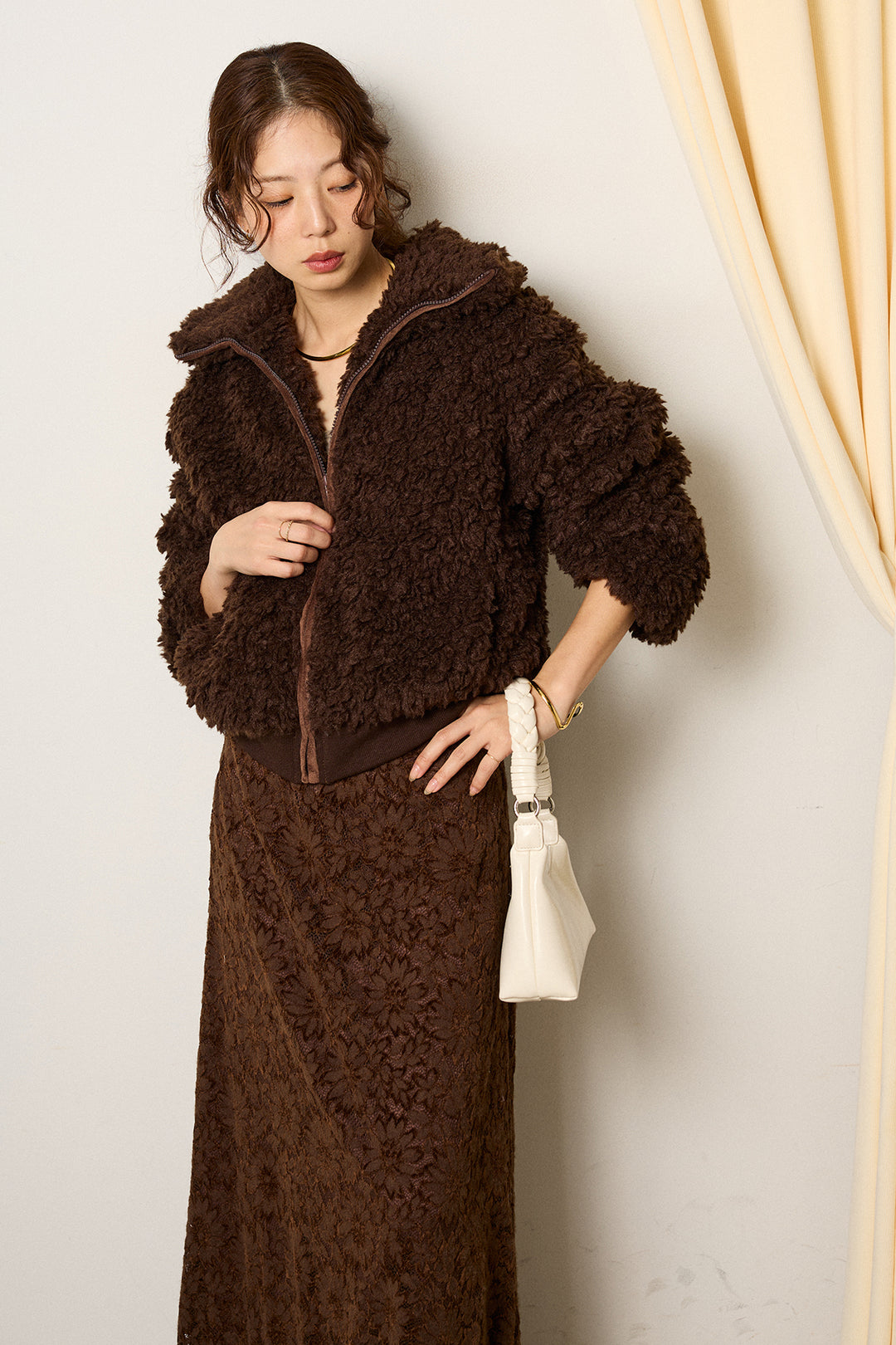 [SET]スタンドカラー裾リブボアブルゾン+花柄刺繍ベロアフレアスカート(2set)