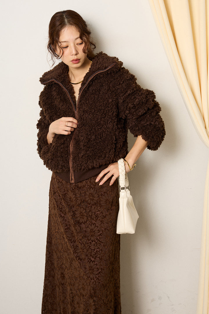 [SET]スタンドカラー裾リブボアブルゾン+花柄刺繍ベロアフレアスカート(2set)