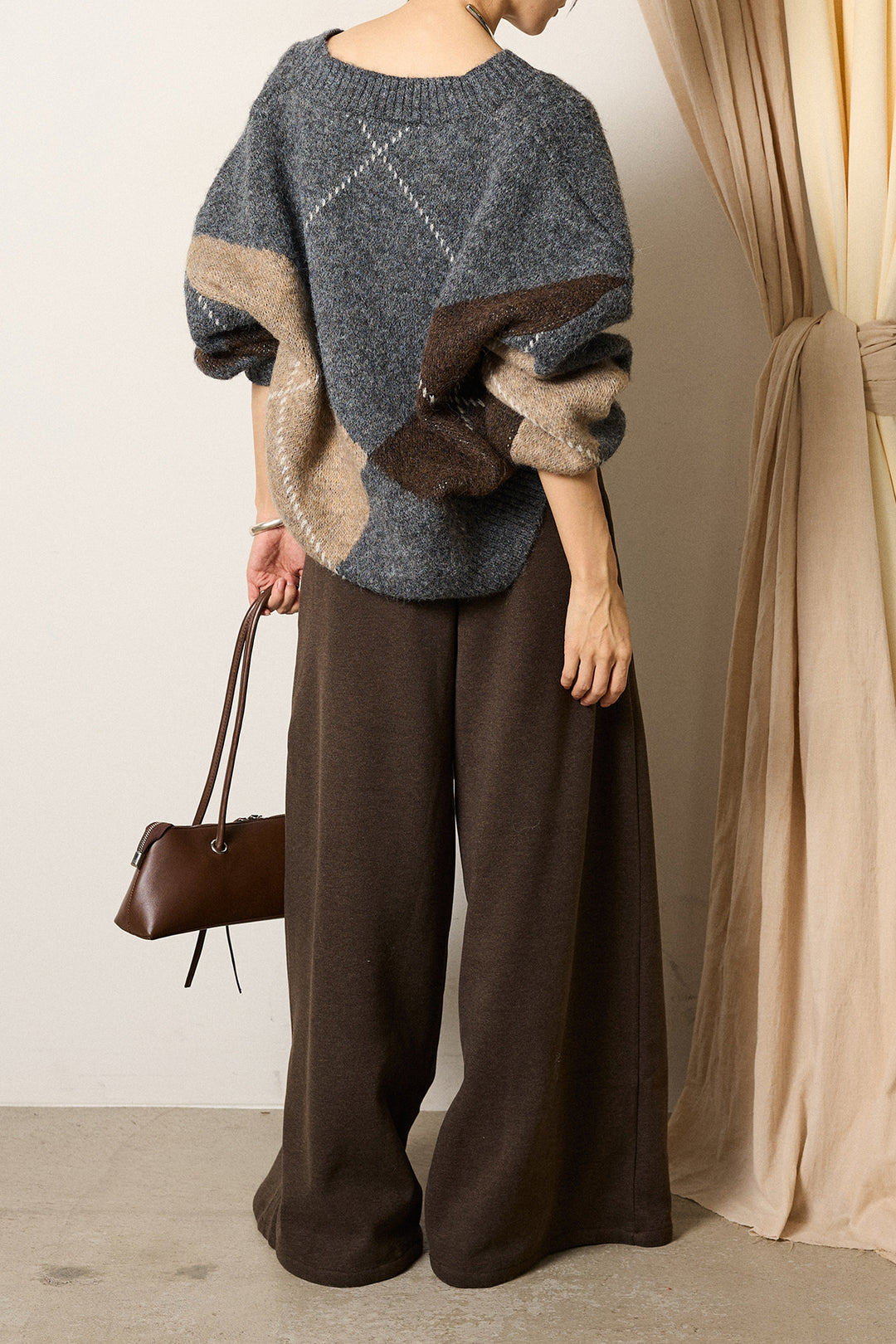 [SET]ルーズアーガイルVネックニット+サイドベルトパンツ(2set)