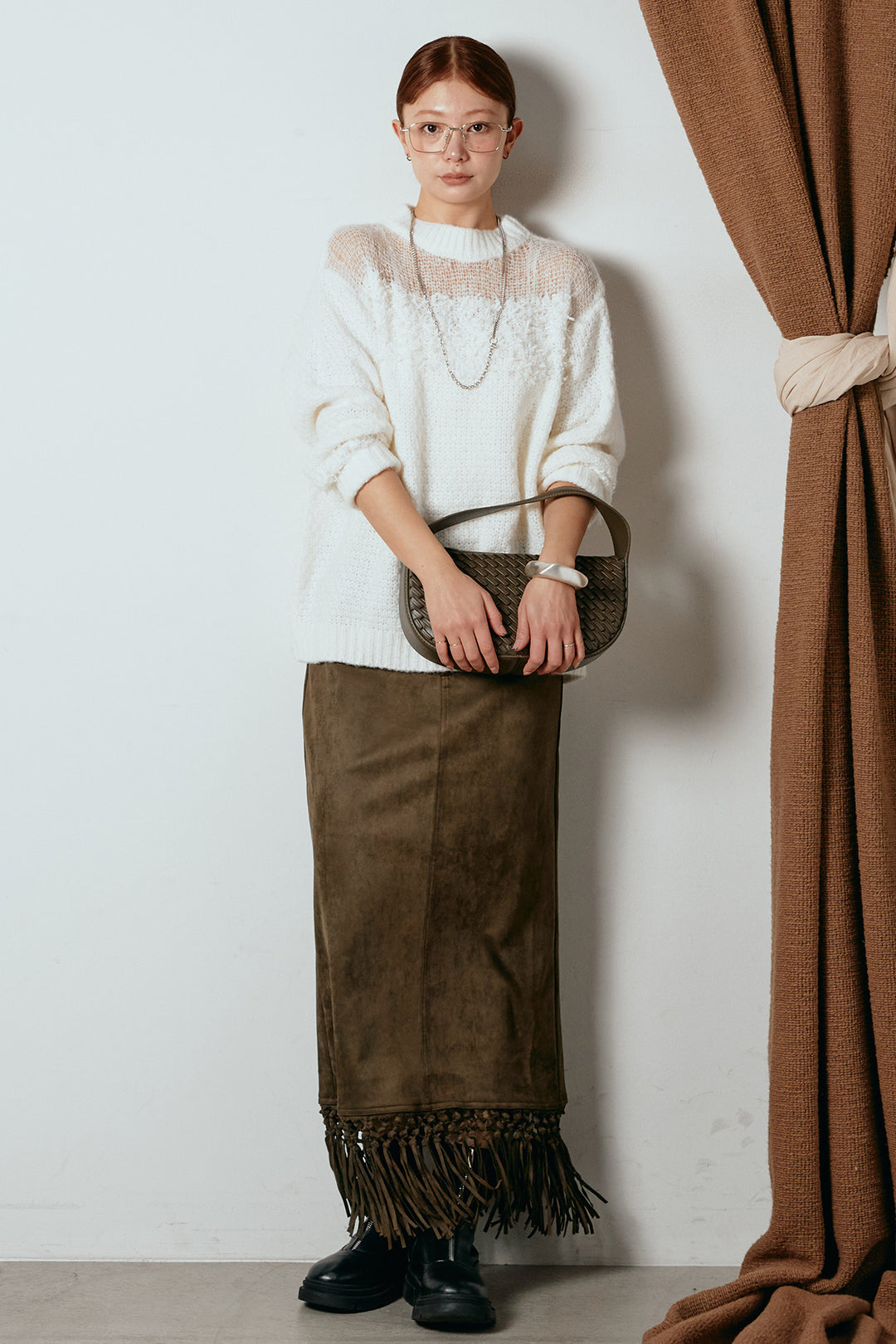 [SET]パターンランダム編みニットトップス+スウェードライク裾フリンジスカート(2set)