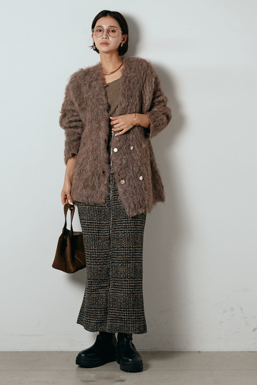 [SET]ウェーブシャギーニットジャケット+グレンチェック柄フロントジップタイトスカート(2set)