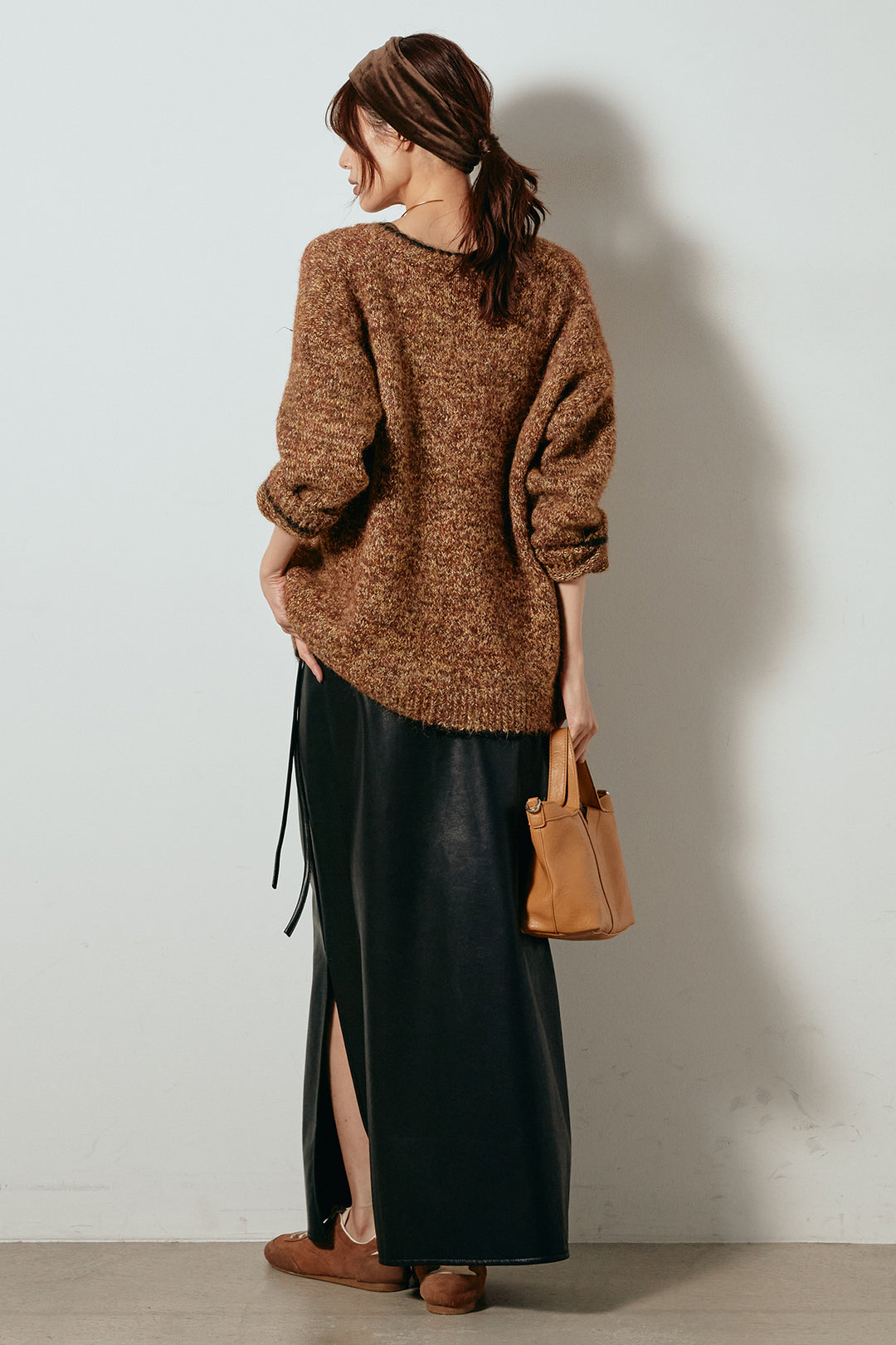 [SET]ミックスニットポケットカーディガン+紐付きフェイクレザーワイドスカート(2set)